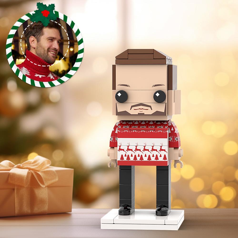Ugly Christmas Sweater Red and White Custom Head Brick Figures Personalized Christmas Man Brick Figures Small Particle Block Man