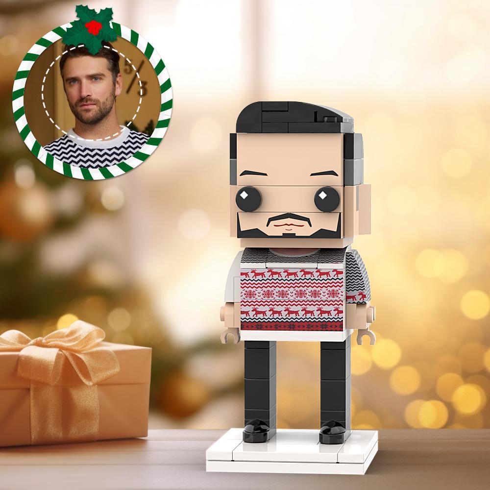 Ugly Christmas Sweater Grey and Red Custom Head Brick Figures Personalized Christmas Man Brick Figures Small Particle Block Man