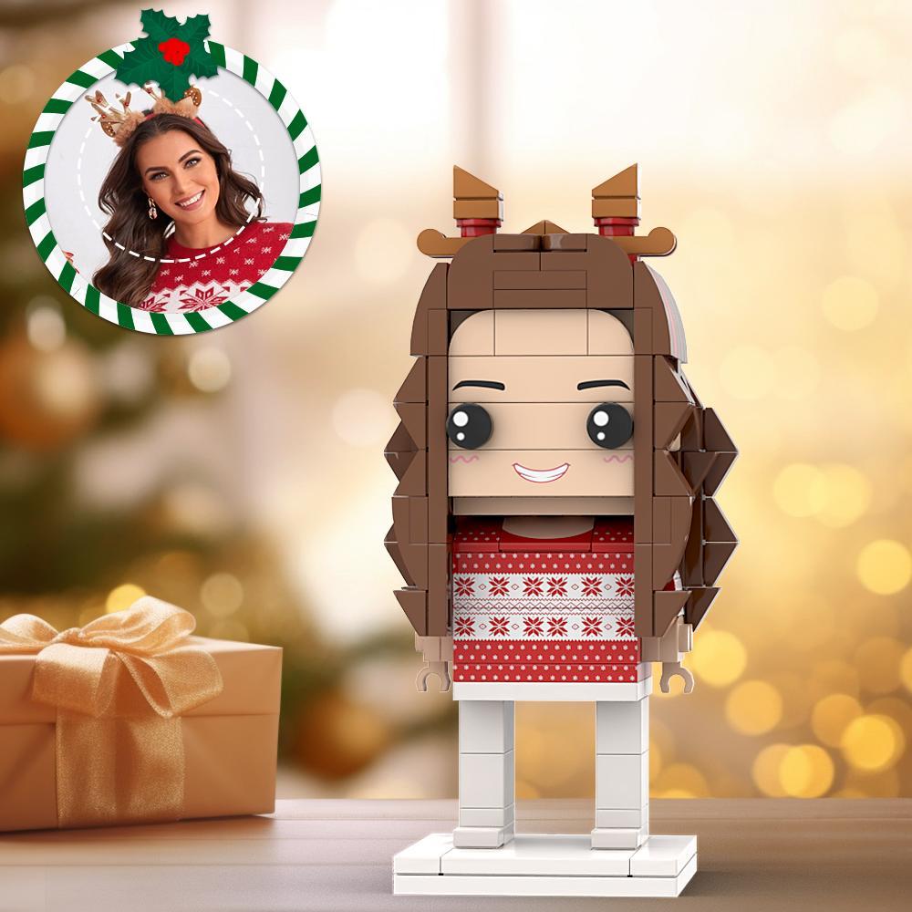 Ugly Christmas Sweater White And Red Custom Head Brick Figures Personalized Christmas Girl Brick Figures Small Particle Block Girl