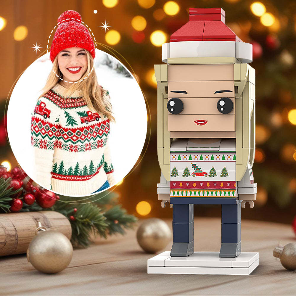 Custom Head Interlocking Plastic Toy Personalized Brick Figures Red Sweater Christmas Gift For Girlfriend - minebrickuk