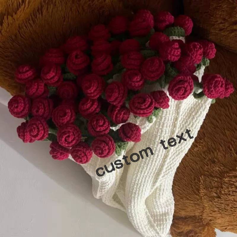 Custom Crochet Flower Bouquet Blanket Crocheted 3D Red Rose Bouquet Knitted Sofa Blanket Mother's Day Gift