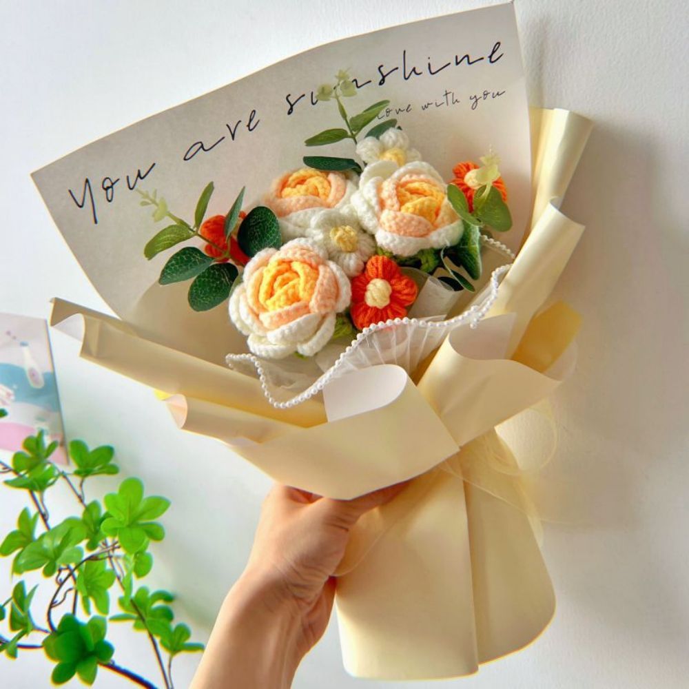 Crochet Flowers Crocheted Sunflower Handmade Rose Flowers Knitted Flowers Bouquet Anniversary Gift for Her - 