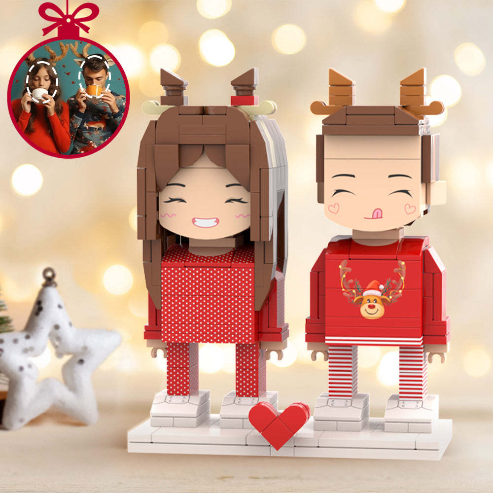 Christmas Gifts Custom Head 2 People Cute Brick Figures Personalized Christmas Elk Couple Brick Figures Small Particle Block Toy - minebrickuk