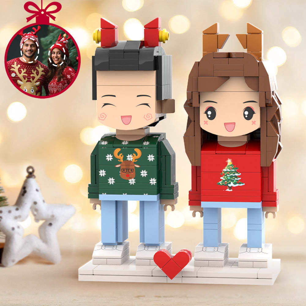 Custom Head 2 People Cute Brick Figures Personalized Christmas Couple Brick Figures Small Particle Block Toy - minebrickuk