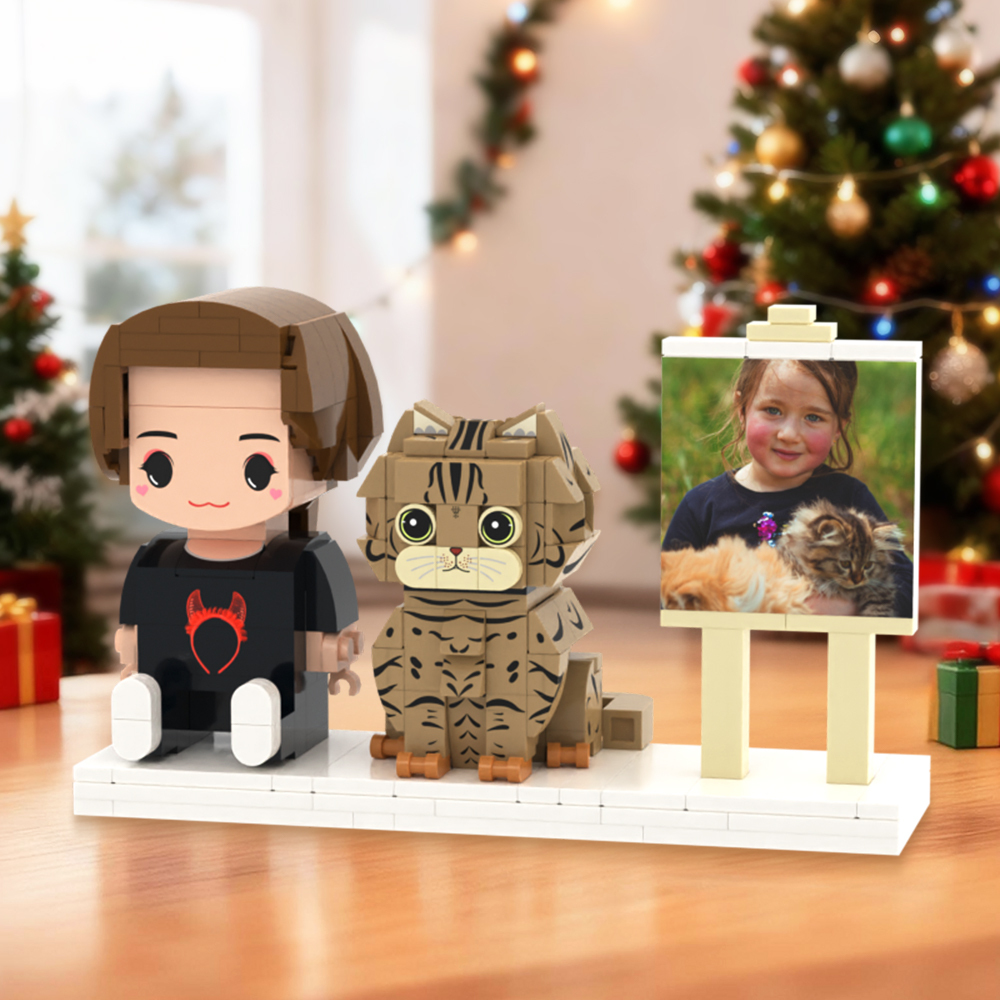 Personalized Full Body 2 People with Dog Brick Figures Custom Sitting Brick Figures - 