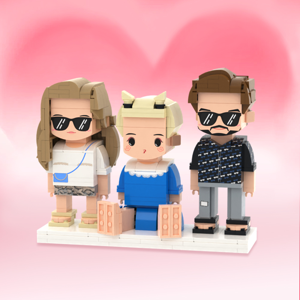 Personalized Full Body 2 People with Dog Brick Figures Custom Sitting Brick Figures - 