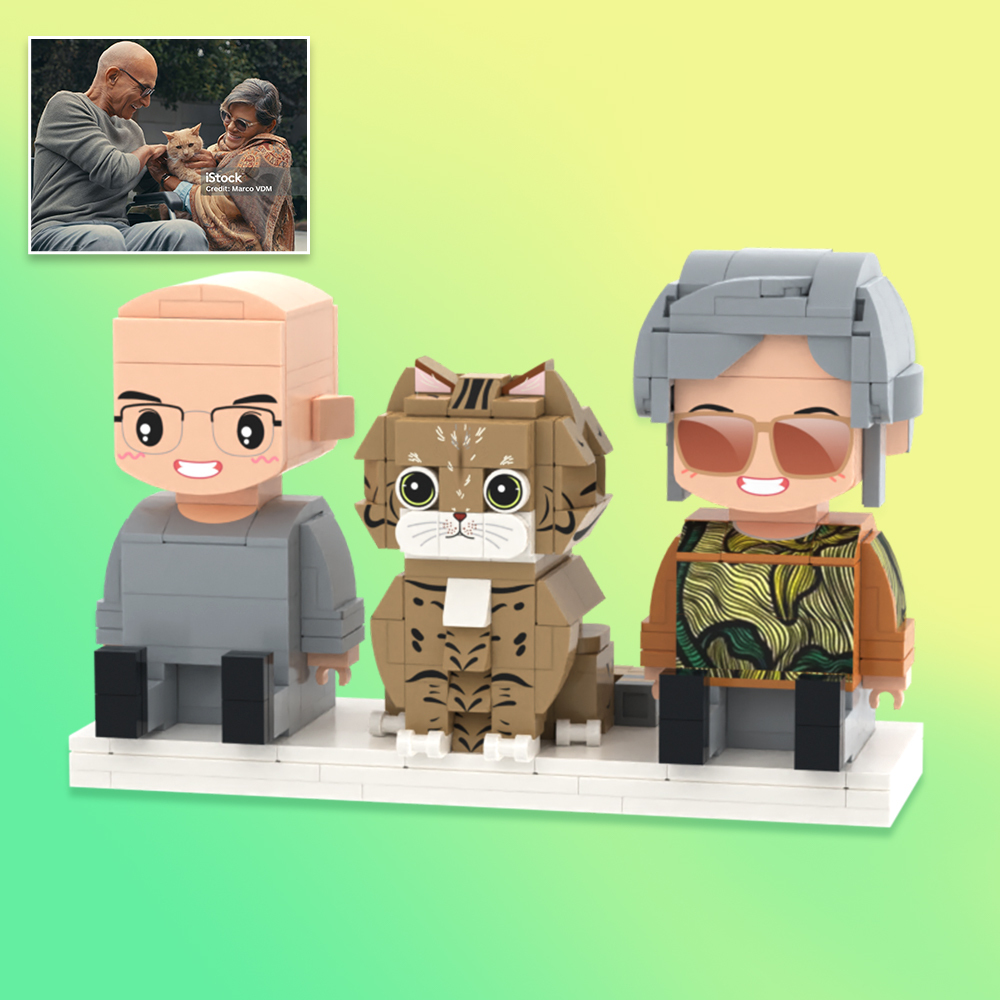 Personalized Full Body 2 People with Dog Brick Figures Custom Sitting Brick Figures - 
