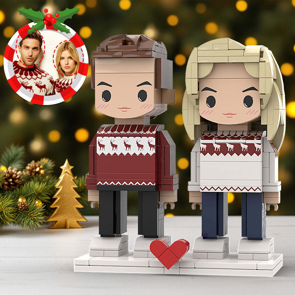 Custom Head Cute Brick Figures Interlocking Plastic Toy Christmas Matching Sweater Christmas Gift For Couples - minebrickuk