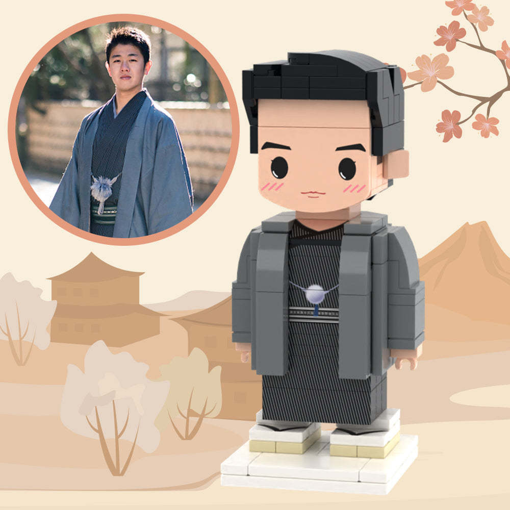 Full Body Customizable Japan Style 1 Person Custom Brick Figures Small Particle Block Toy Brick Me Figures Guy Grey Kimono - minebrickuk