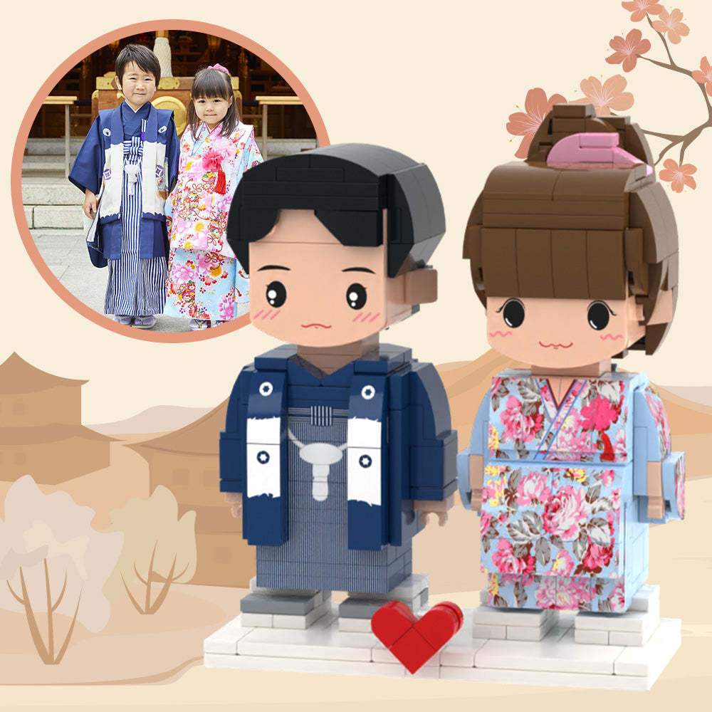 Customizable Fully Body 2 People Custom Brick Figures Dark Blue And Light Blue Kimono For Couples - minebrickuk