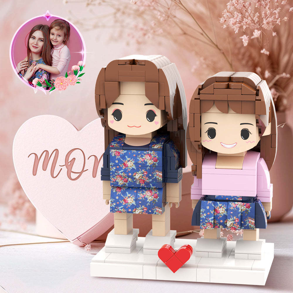 Mother's Day Daughter Mother Pretty Matching Blue Dress Customizable Head 2 People Custom Brick Figures Gift for Mom On Mother's Day - minebrickuk