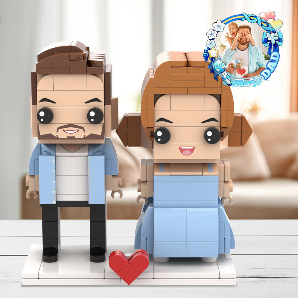 Personalized Fully Body Customizable Father's Day Custom Gift Brick Figures Dad and Daughter In Blue Dress Gift 2 People Custom Brick Figures For Daddy On Father's Day - minebrickuk