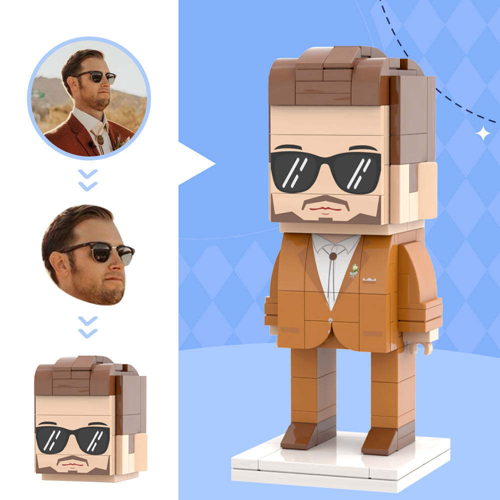 Classic Brown Suit With Kerchief and Corsage For Husband Custom Head Brick Figures Personalized Brick Figures Small Particle Block Wedding Anniversary Gift For Just Married Groom - minebrickuk
