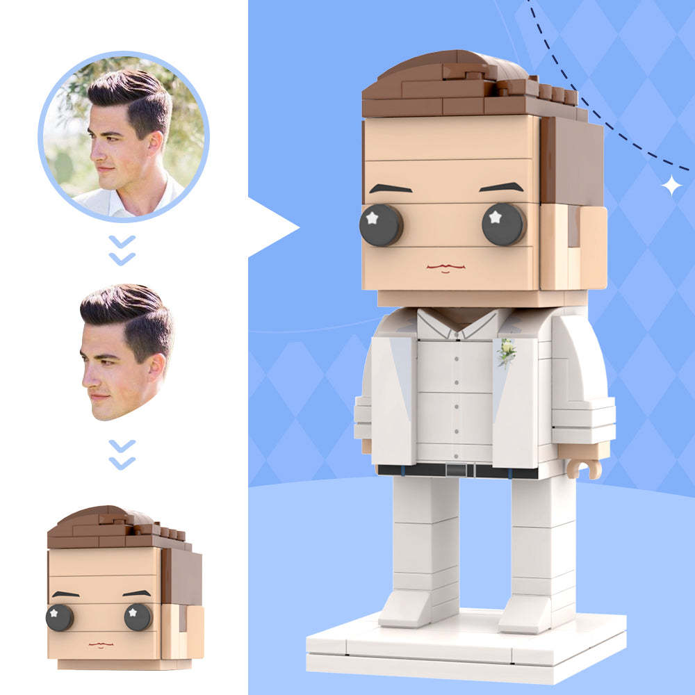 Angelic White Suit With Corsage For Husband Custom Head Brick Figures Personalized Brick Figures Small Particle Block For Newly Married Groom In Wedding Anniversary - minebrickuk