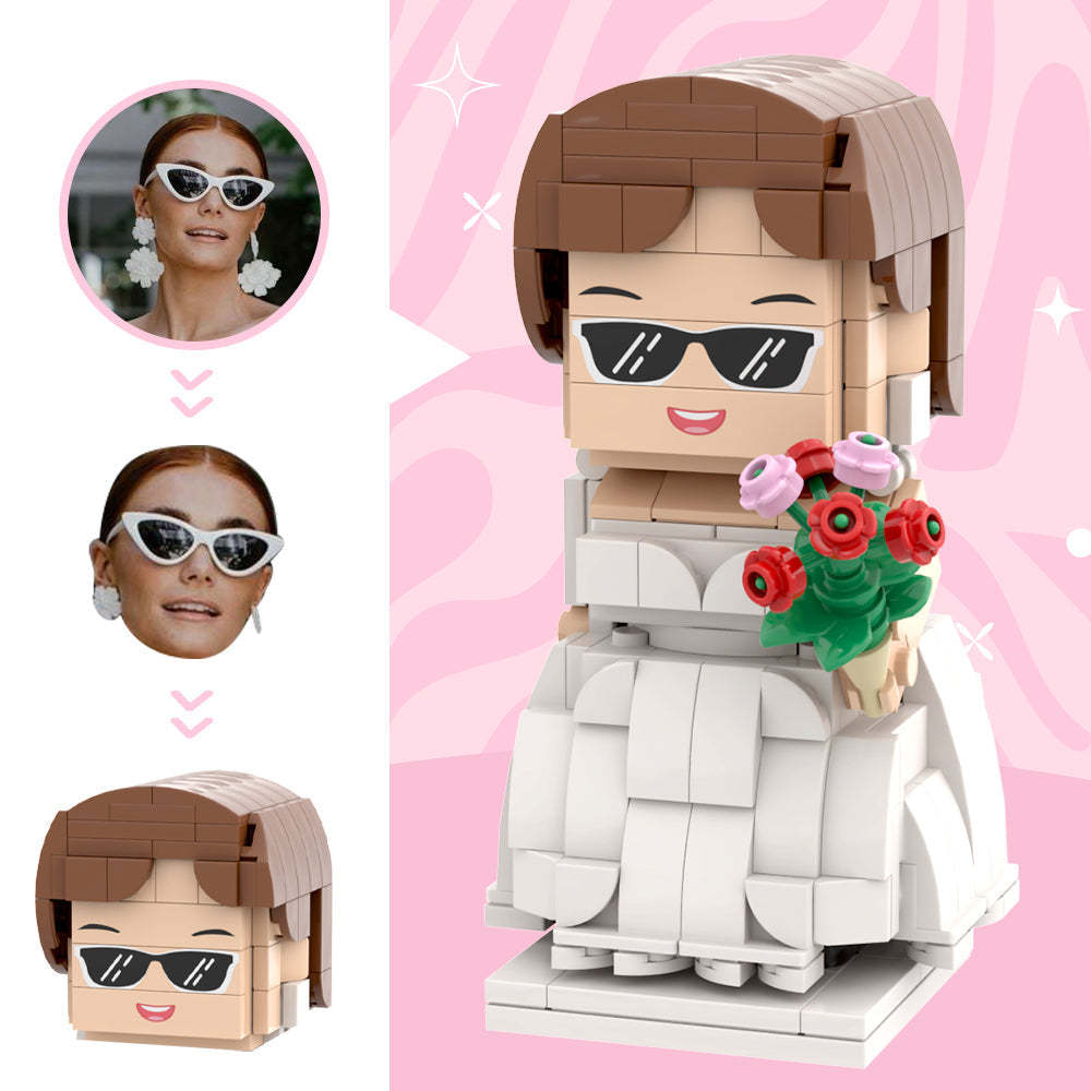 Crazy Good Looking Wedding Dress With A bouquet For Wife Custom Head Brick Figures Personalized Brick Figures Small Particle Block Wedding Anniversary Gift For The Chic Bride You Married - minebrickuk