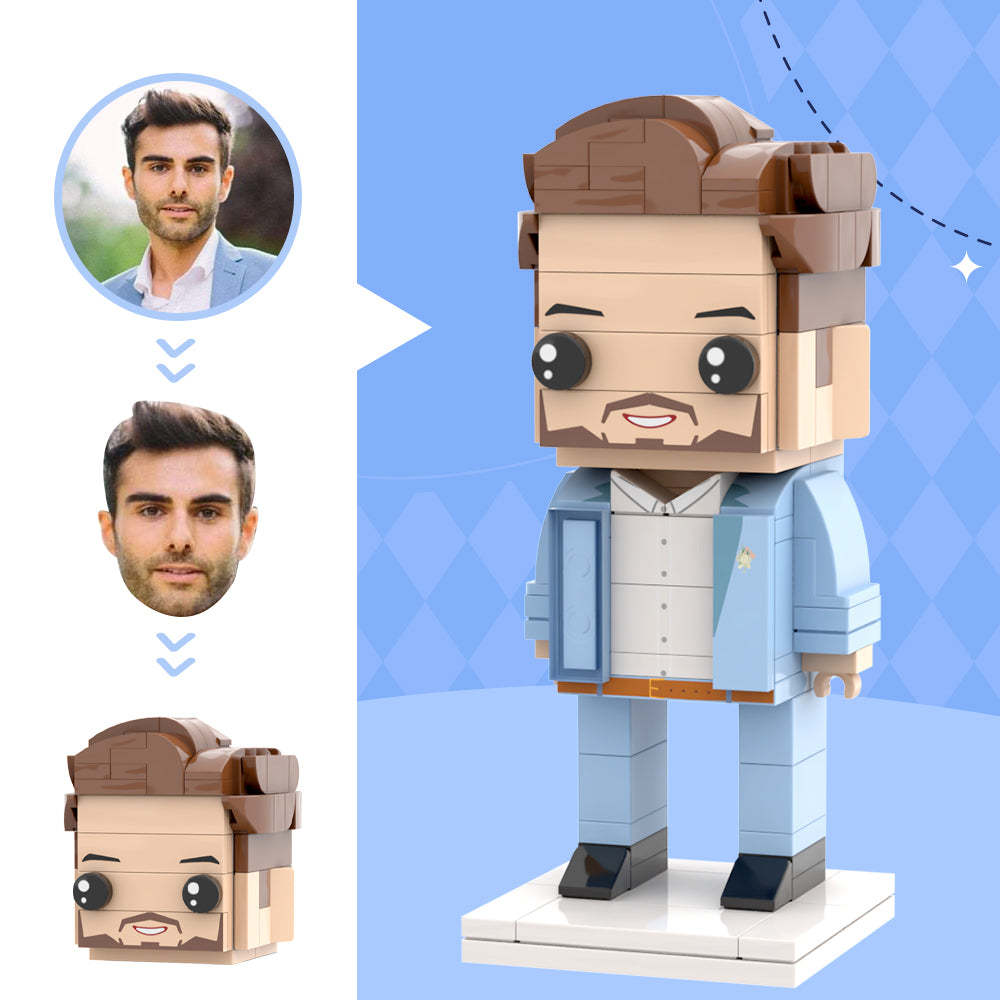 Light Blue Suit With White Corsage For Husband Custom Head Brick Figures Personalized Brick Figures Small Particle Block Wedding Anniversary Gift For Newly Married Groom - minebrickuk