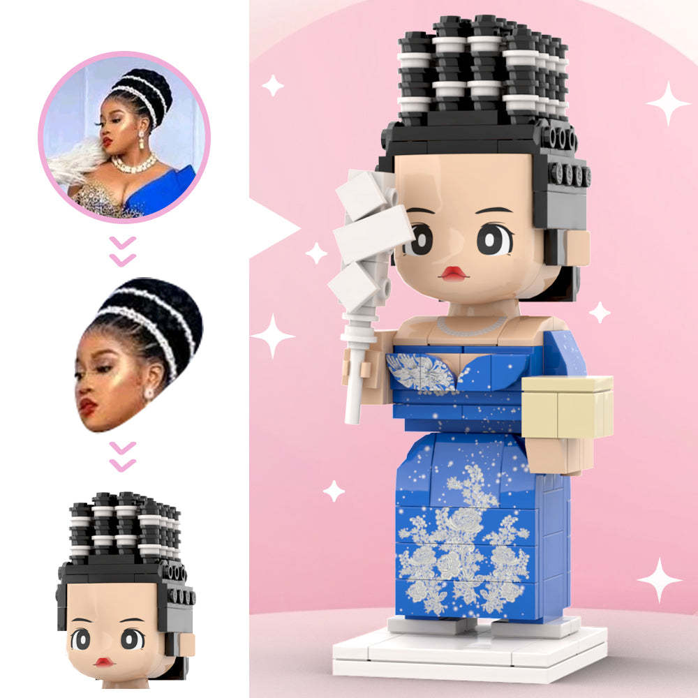 Unique One Of The Kind Blue Dress Custom Head Brick Figures Personalized Brick Figures Wedding Anniversary Souvenir - minebrickuk