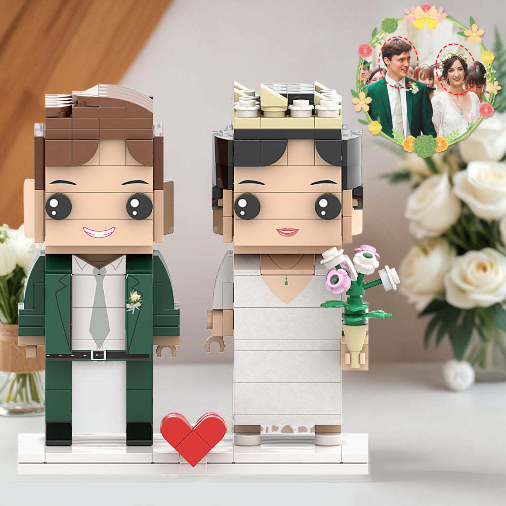Unique Green Suit With Corsage And Wedding Dress Couple Brick Figures Personalized Head Brick Figures for Wedding Anniversary Souvenir For Husband and Wife - minebrickuk