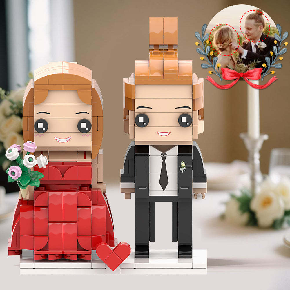 Breathtakingly Gorgeous Red Wedding Dress Couple Brick Figures Personalized Head Brick Figures for Wedding Anniversary Souvenir - minebrickuk