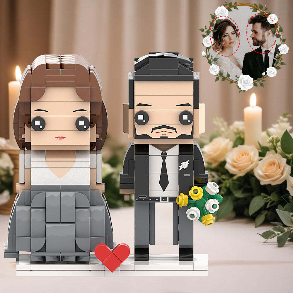 Mysterious White Grey Wedding Dress And Classic Black Suit Couple Brick Figures Personalized Head Brick Figures for Husband and Wife On Wedding Anniversary Souvenir - minebrickuk