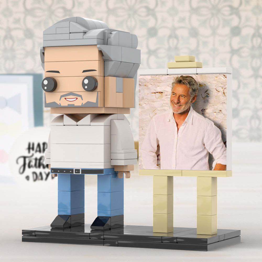 Full Body Customizable 1 Person Daddy With Classic White Shirt And Jeans Custom Brick with Frame Figures Small Particle Block Toy Brick Me Figures For Father's Day - minebrickuk