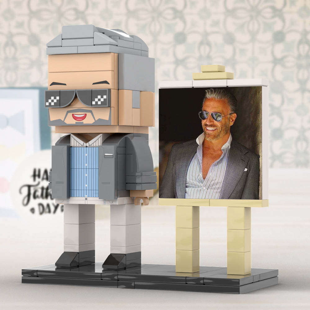 Full Body Customizable 1 Person Cool Daddy In Grey Suit With Sunglasses Custom Brick with Frame Figures Small Particle Block Toy Brick Me Figures For Father's Day - minebrickuk