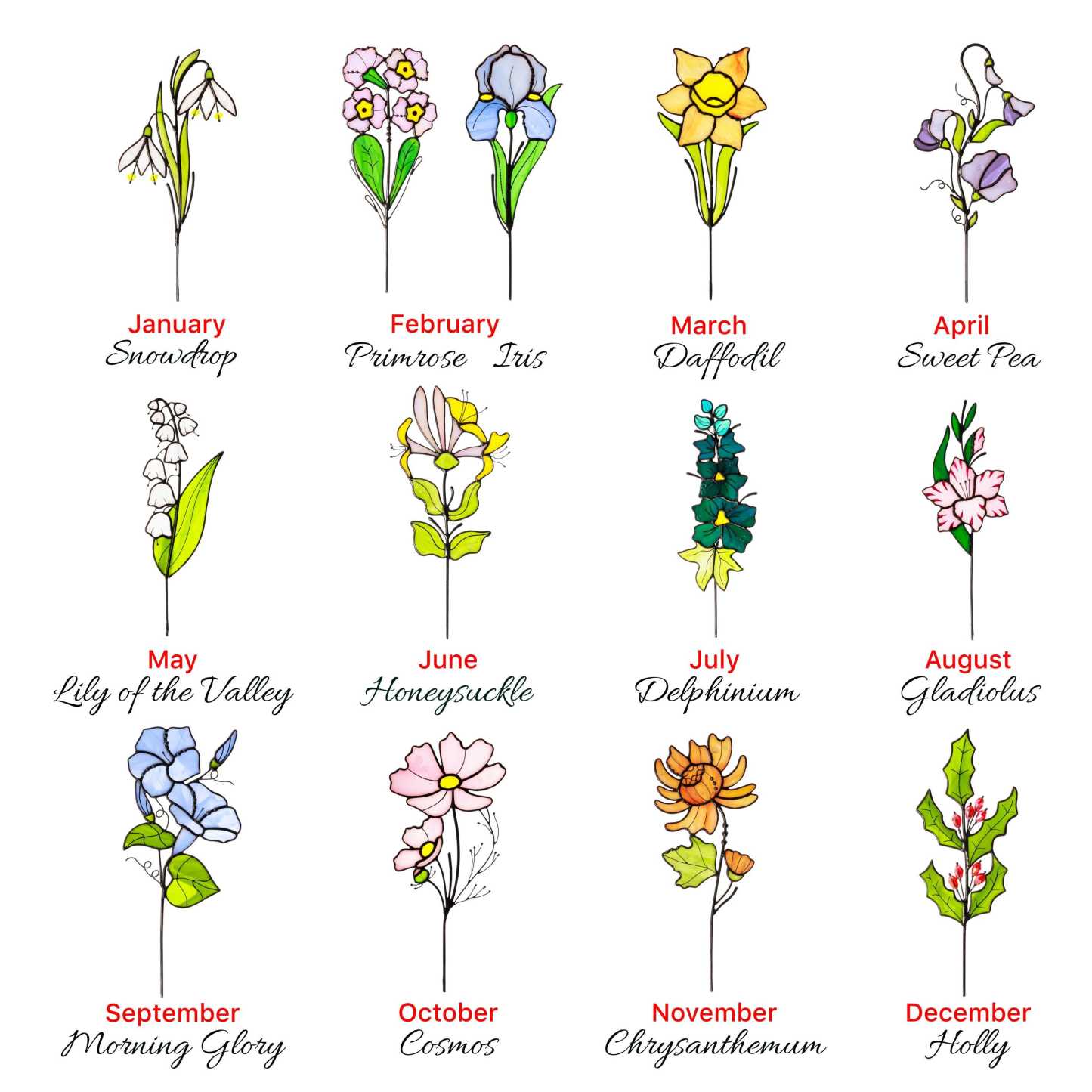 Stained Glass Flower, Personalized Mother Day Gift, Birth Flower Gift Set for Mother in Law, Floral Garden Decor, Birth Flower Plant Stake