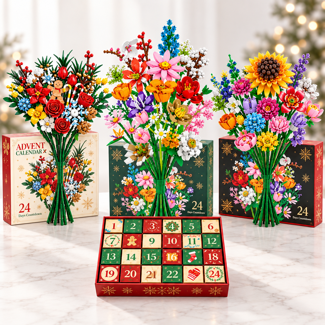 Flower Bouquet Building Blocks Gift Christmas Countdown Blind Box - 