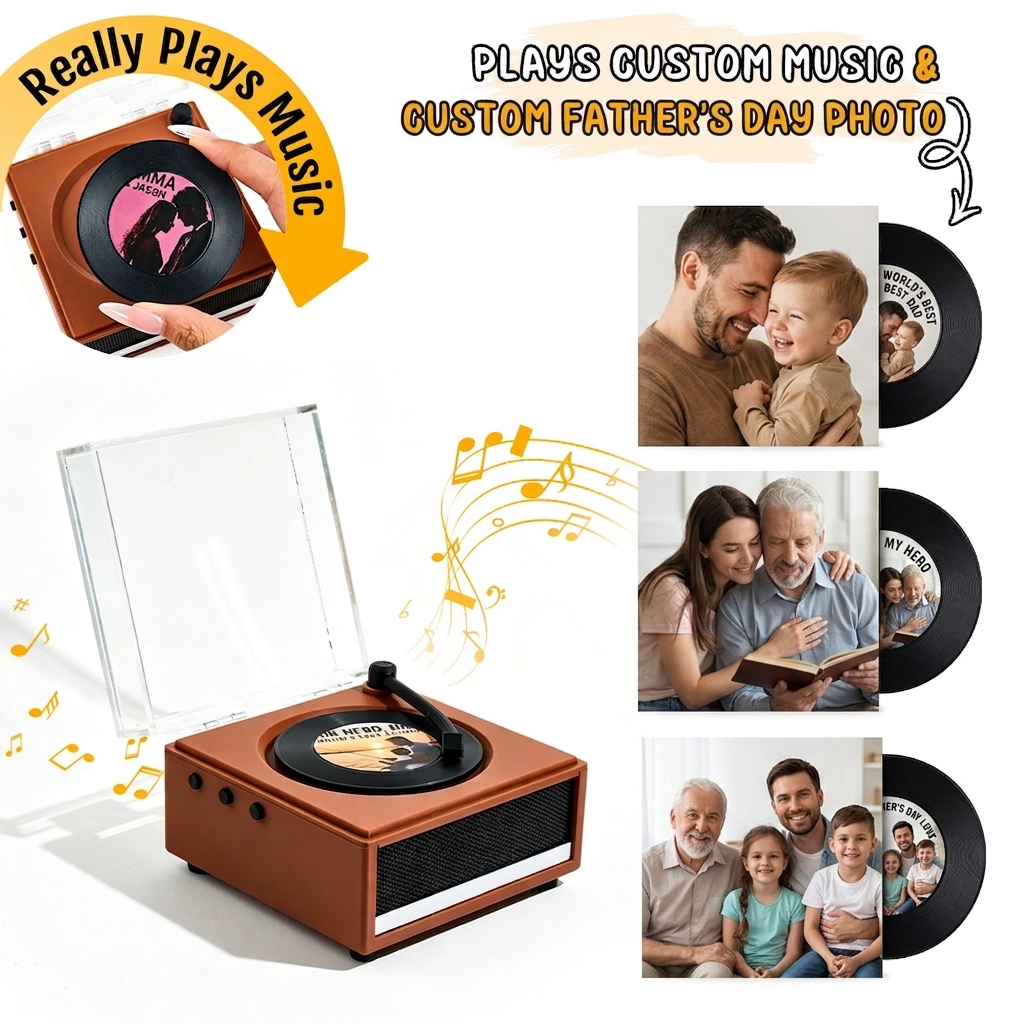 Personalized Mini Vinyl Music Player That Plays Music | Each Vinyl Can Play a Different Song, Custom Photo Album Cover, DIY Vinyl Color Gift for Dad on Father's Day - 
