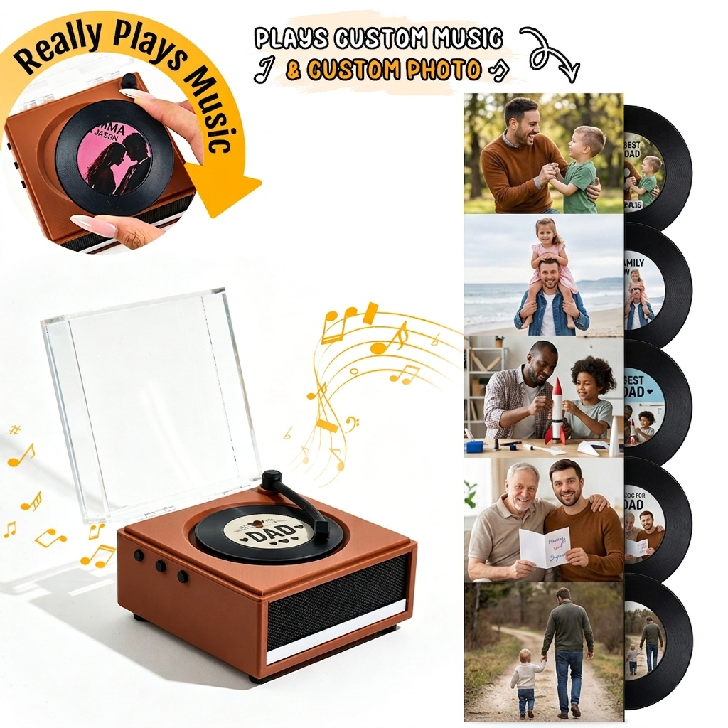 Personalized Mini Vinyl Music Player That Plays Music | Each Vinyl Can Play a Different Song, Custom Photo Album Cover, DIY Vinyl Color Gift for Dad on Father's Day - 