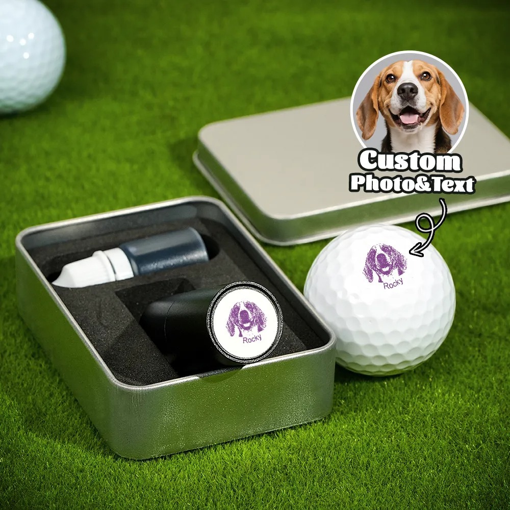Personalized Dog Cat Pet Portrait Photo Golf Ball Self-inking Stamp with Metal Storage Box and Name Birthday Gift for Golf Players Pet Lovers - 