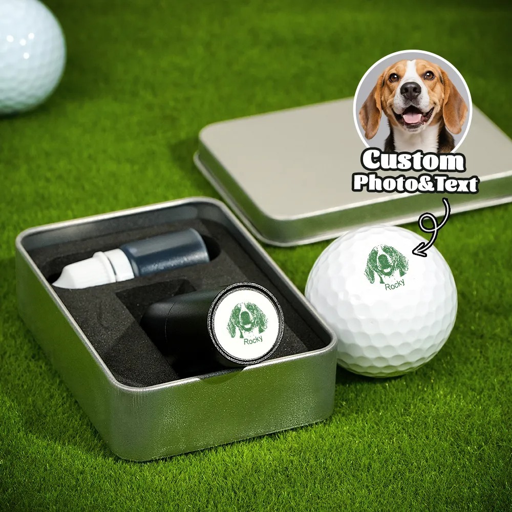 Personalized Dog Cat Pet Portrait Photo Golf Ball Self-inking Stamp with Metal Storage Box and Name Birthday Gift for Golf Players Pet Lovers - 