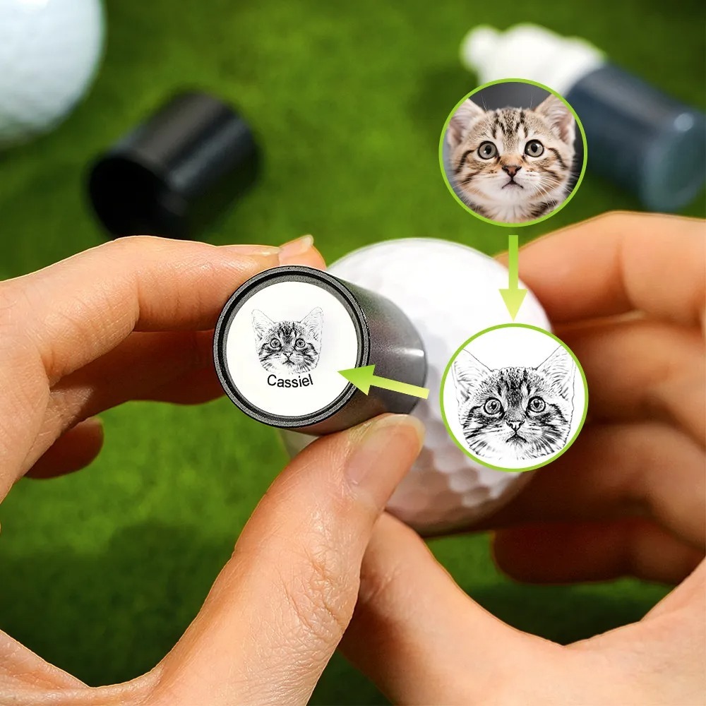 Personalized Dog Cat Pet Portrait Photo Golf Ball Self-inking Stamp with Metal Storage Box and Name Birthday Gift for Golf Players Pet Lovers - 
