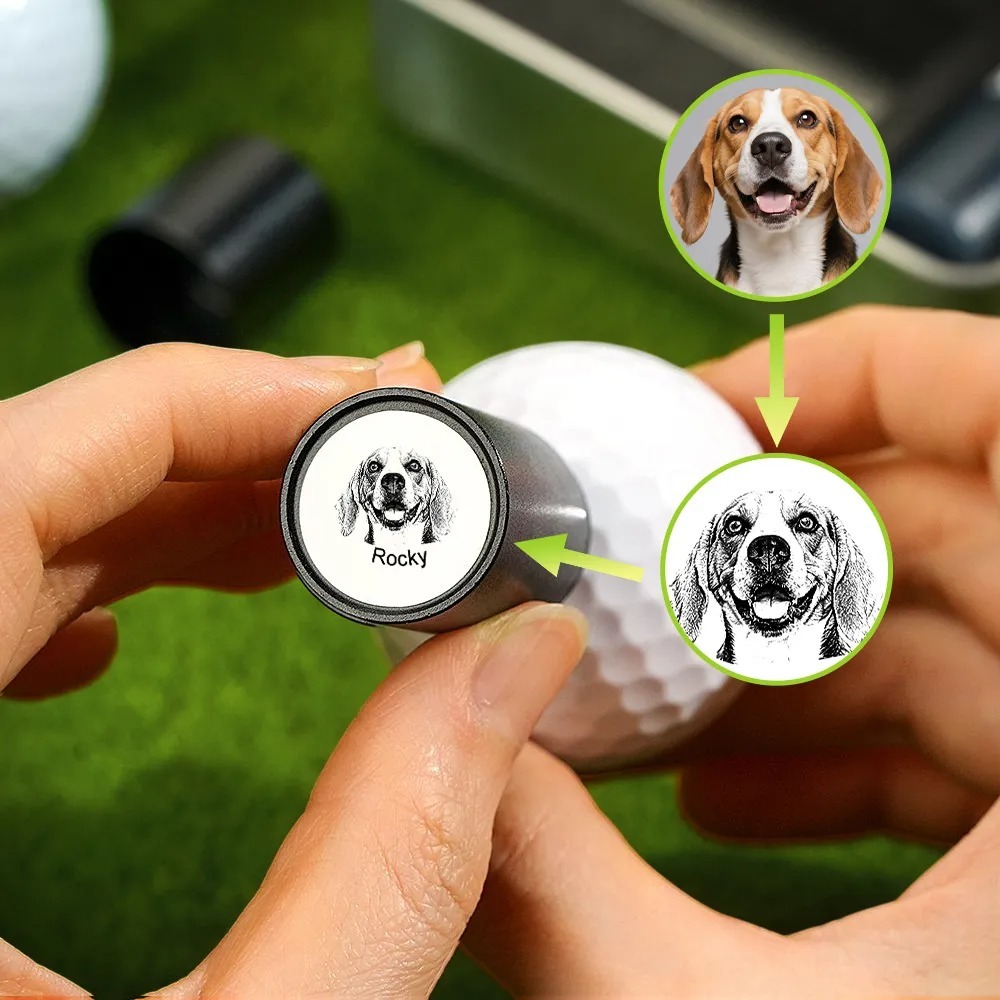 Personalized Dog Cat Pet Portrait Photo Golf Ball Self-inking Stamp with Metal Storage Box and Name Birthday Gift for Golf Players Pet Lovers - 