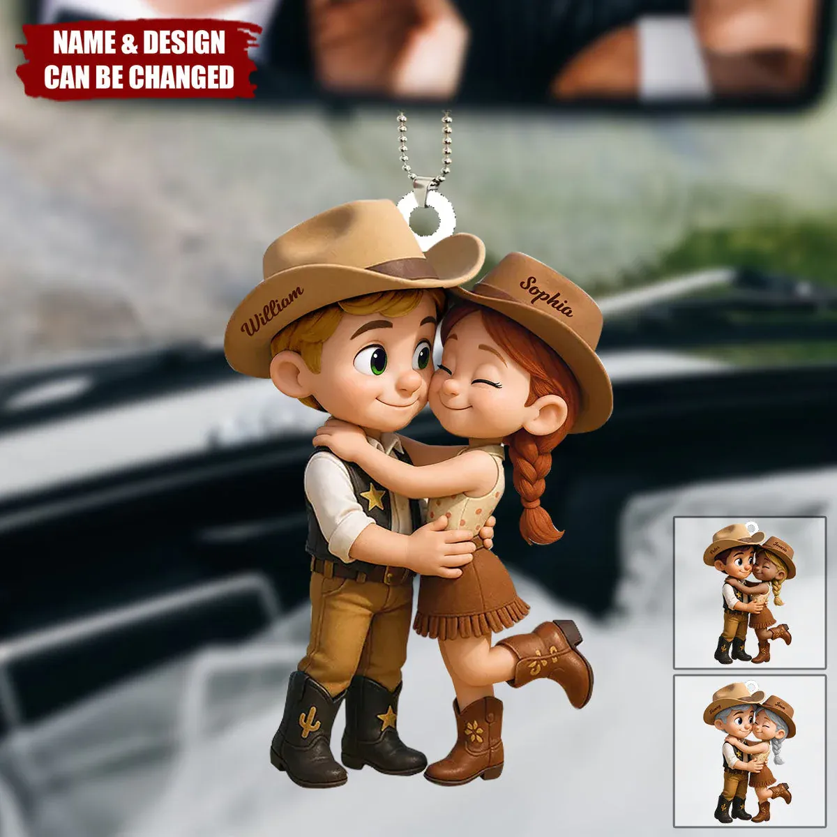 Personalized Acrylic Car Hanger - Cute Couple Kissing Moment - Custom Name Gift for Boyfriend & Girlfriend - 