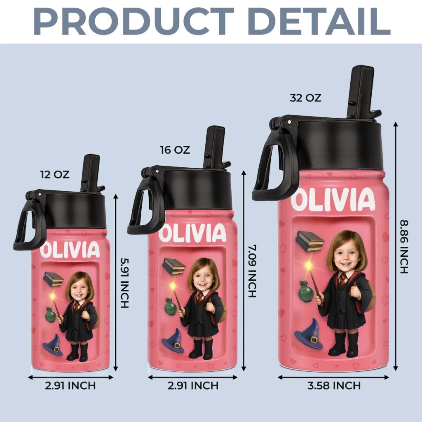 Custom Photo 3D Inflated Effect Printed Kids Water Bottle - Personalized Back To School Gifts For Kids - Ready To Cast Some Spells - 