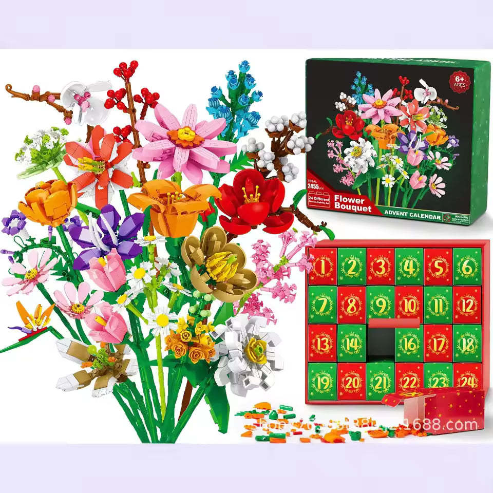 Flower Bouquet Advent Calendar Building Blocks – Christmas Countdown Blind Box - 
