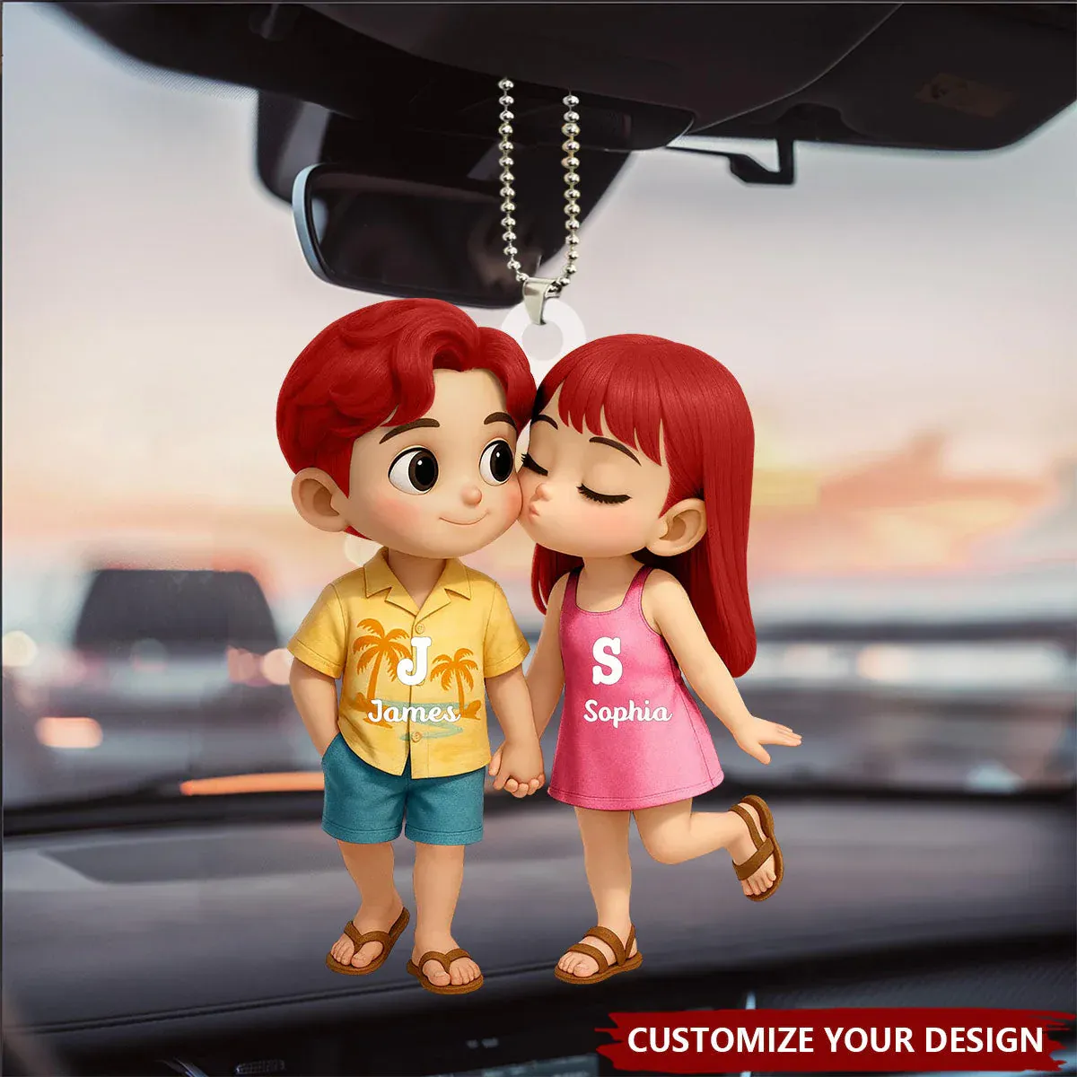 Personalized Acrylic Car Hanger - Cute Couple Kissing Moment - Custom Name Gift for Boyfriend & Girlfriend - 