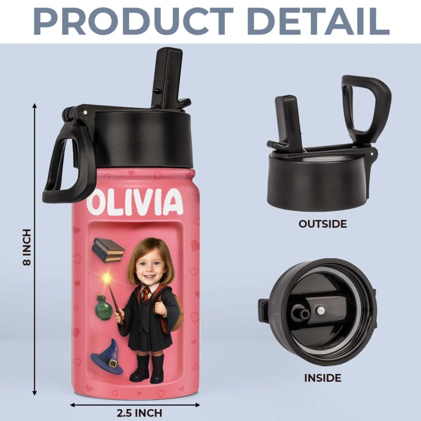 Custom Photo 3D Inflated Effect Printed Kids Water Bottle - Personalized Back To School Gifts For Kids - Ready To Cast Some Spells - 