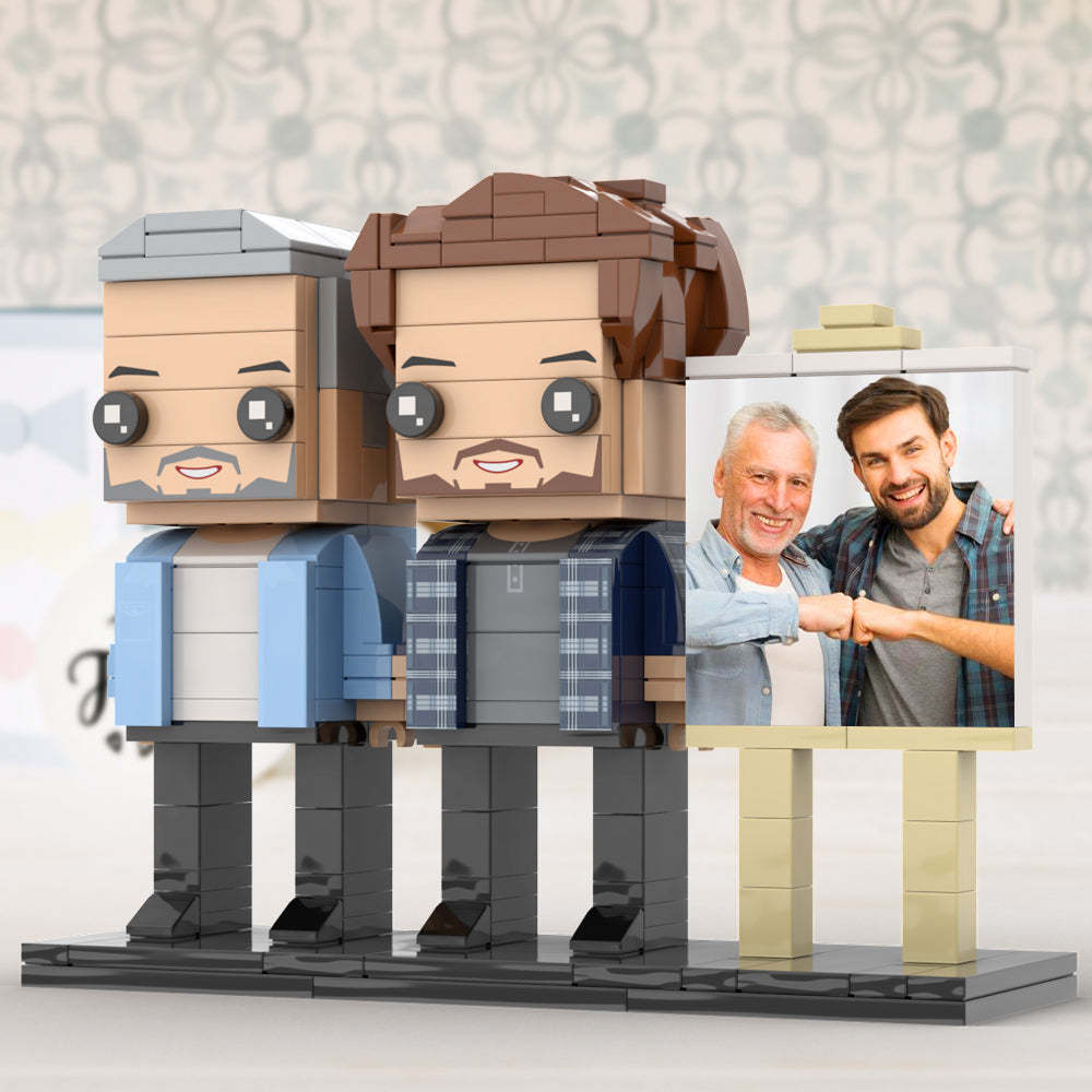 Full Body Customizable 2 People Dad And Son Fist Bump Photo Frame Personalized Custom Brick Figures Small Particle Block Toy Personalized For Father's Day - minebrickau