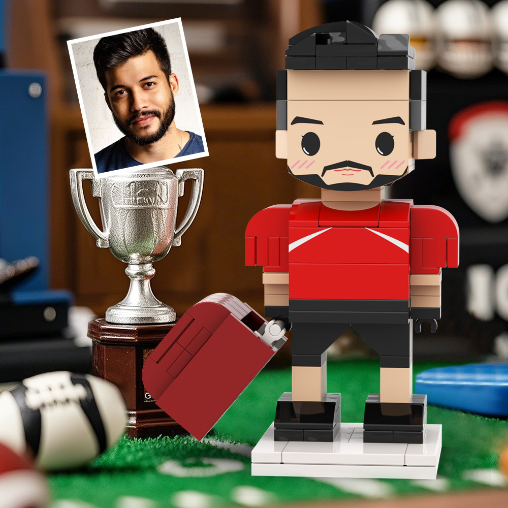 Customized Head Brick Figure Posing Football Player Holding Helmet Occupational Gift - 