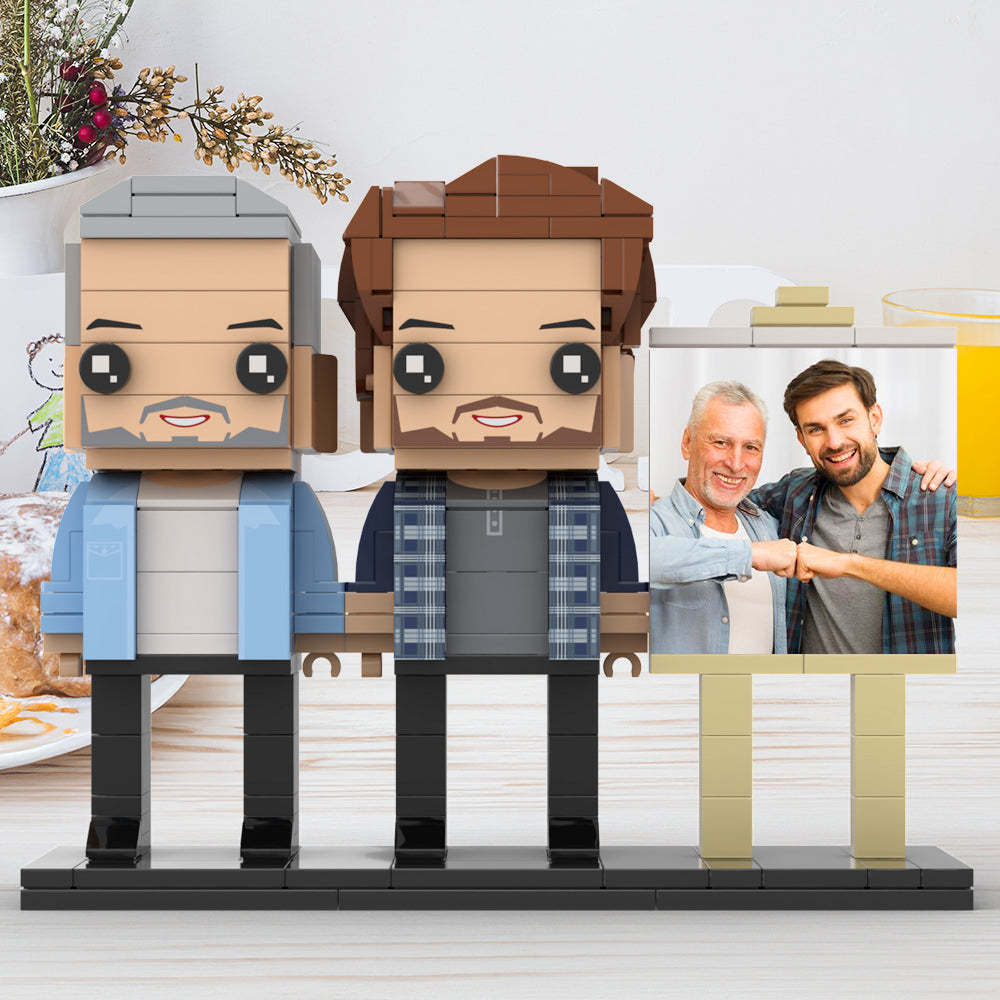 Full Body Customizable 2 People Dad And Son Fist Bump Photo Frame Personalized Custom Brick Figures Small Particle Block Toy Personalized For Father's Day - minebrickau