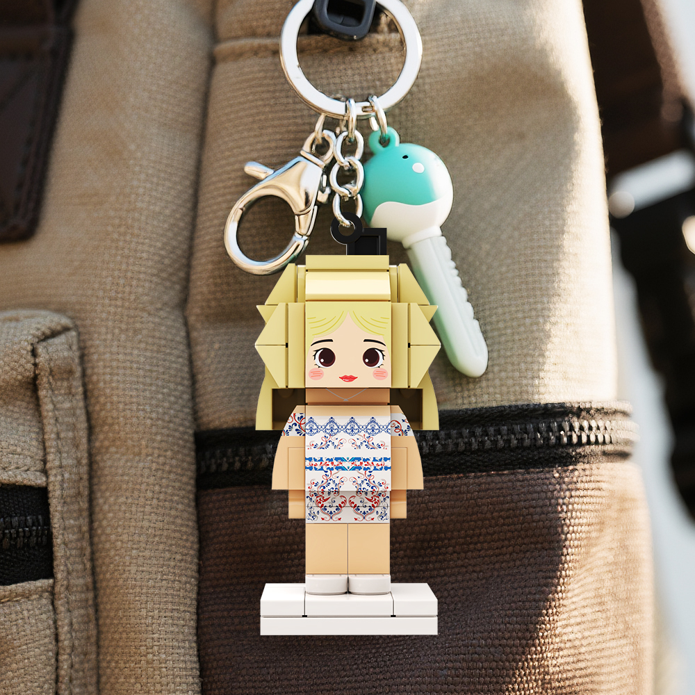 Custom Cute Bag Charm Mini Fully Body 1 People Brick Figure with Engrave Text Keychain - 