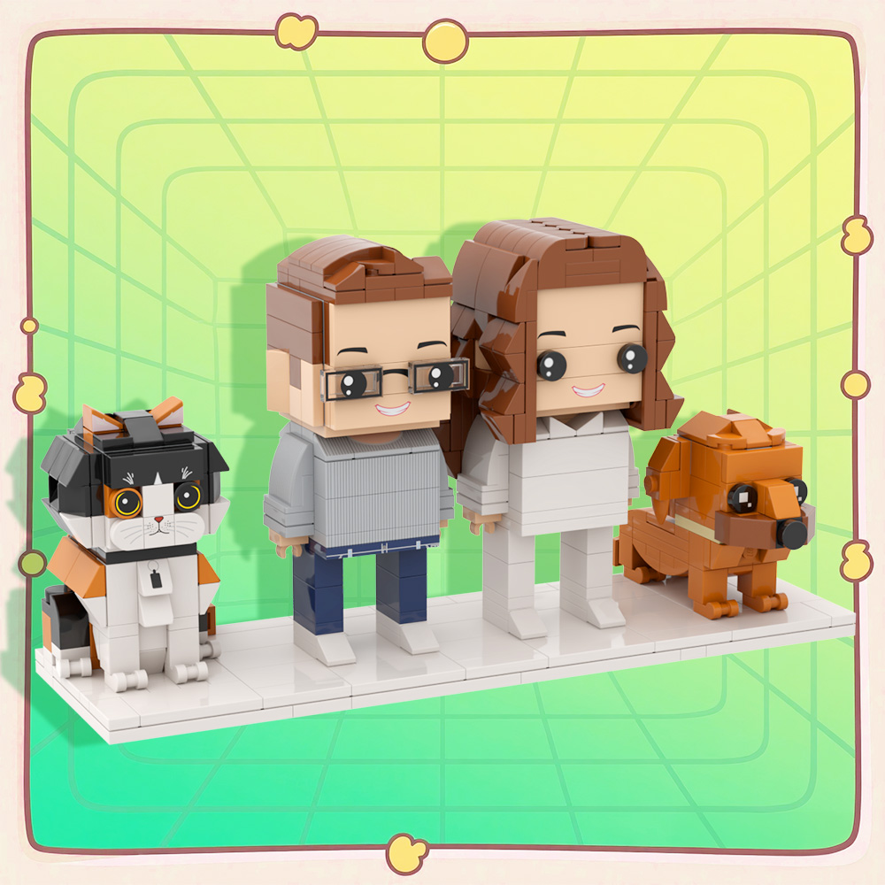 Persaonalized 2 People and Cat Dog Full Body Brick Figures Pet Family Gift