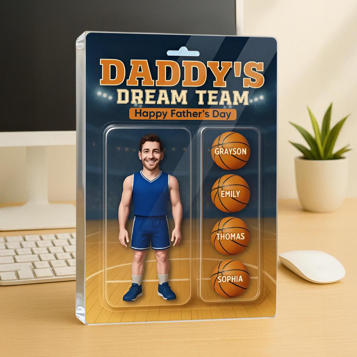 Personalized 3D Effect Basketball Dad Custom Figure Personalized Rectangle Flat Acrylic Block Plaque, Daddy's Dream Team, Fathers Day Gifts - 