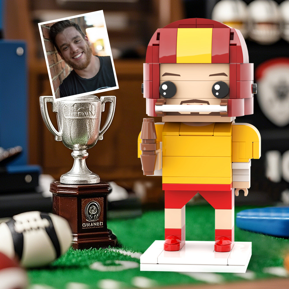 Customized Head Brick Figure Posing Football Player Holding Helmet Occupational Gift - 
