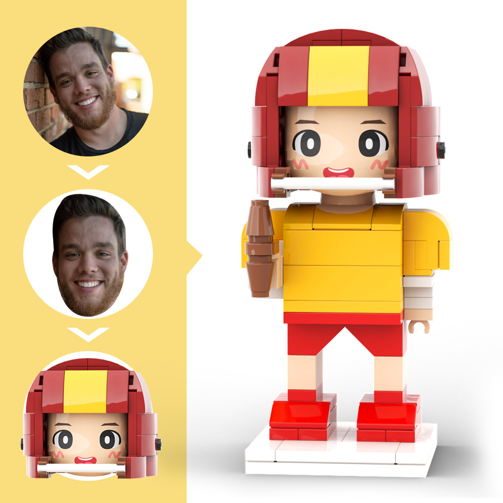Customized Head Brick Figure Posing Football Player Holding Helmet Occupational Gift - 
