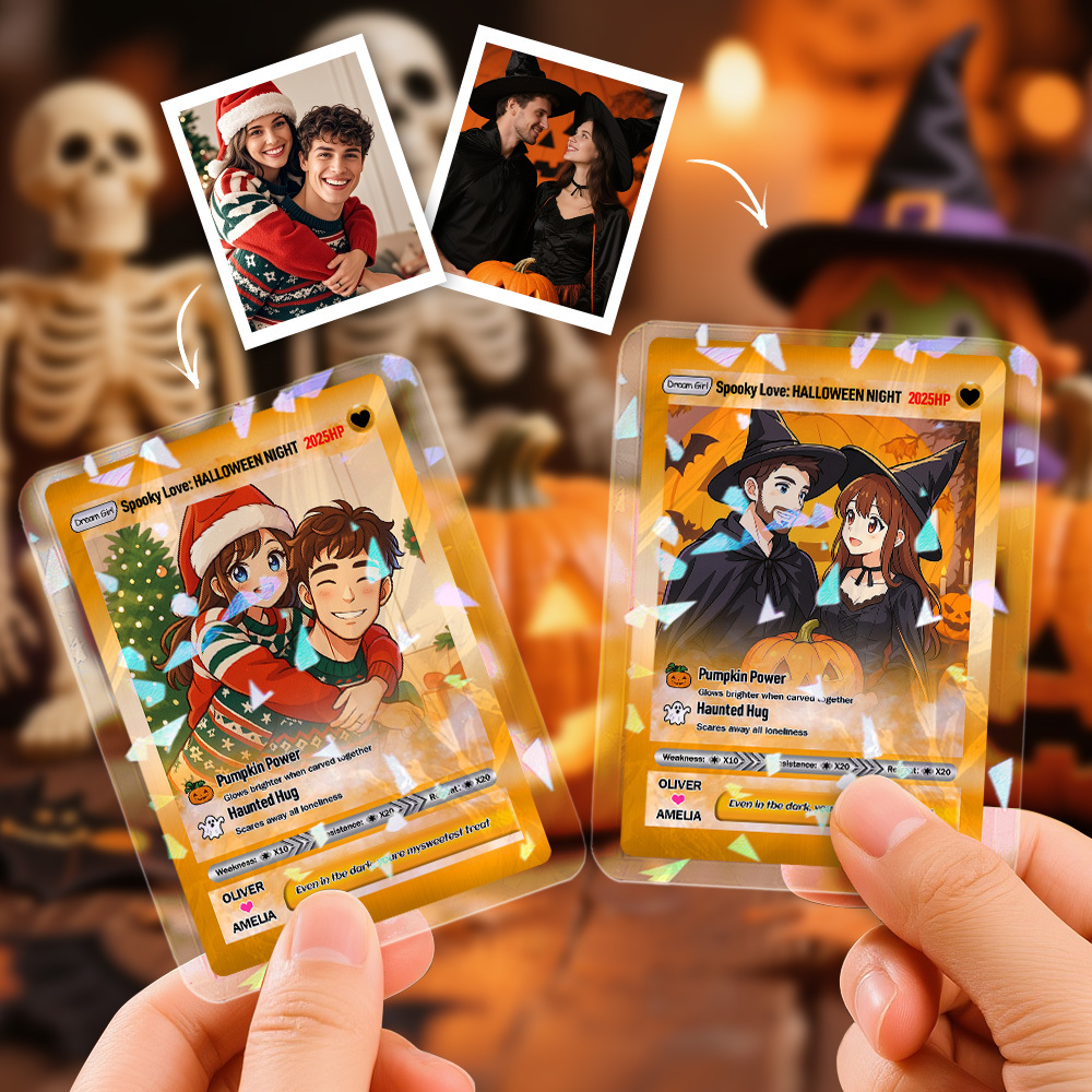 Custom Halloween & Christmas Couple Card – Personalized Cartoon Trading Card with Photo & Name, Unique Holiday Gift for Him & Her - 