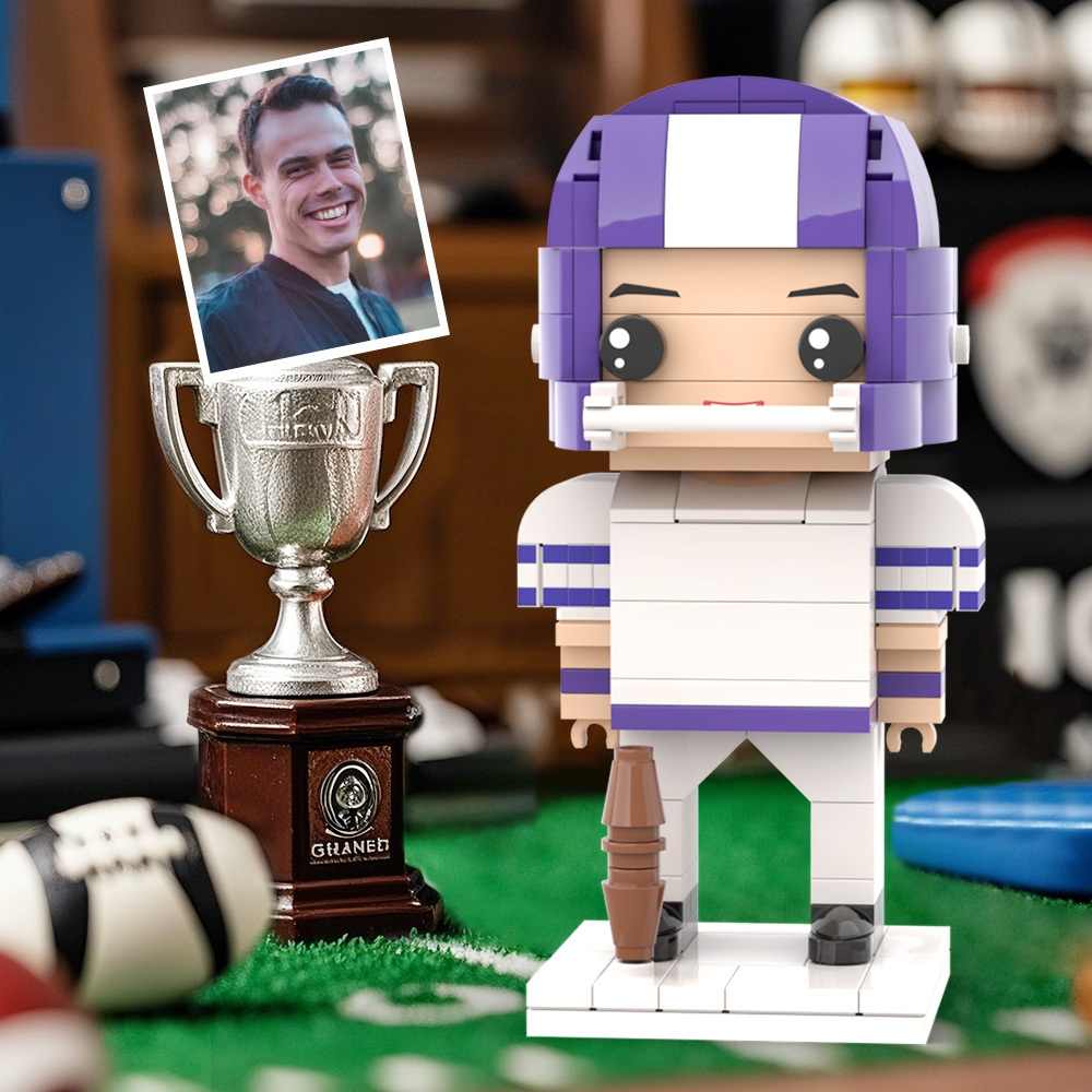 Customized Head Brick Figure Posing Football Player Holding Helmet Occupational Gift - 