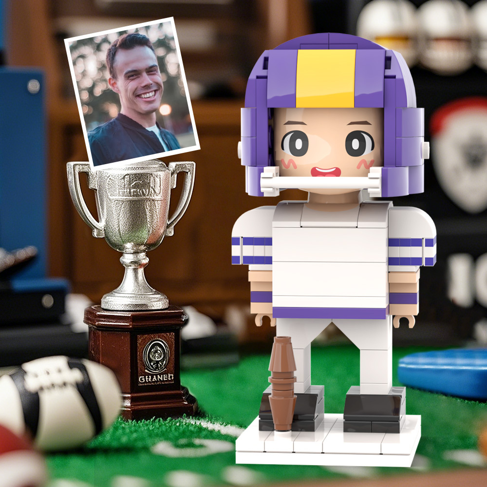 Customized Head Brick Figure Posing Football Player Holding Helmet Occupational Gift - 